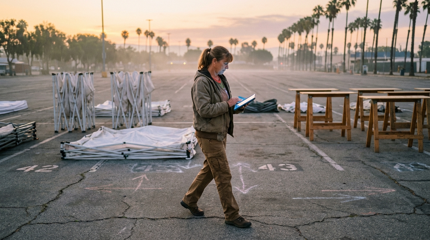 Market manager walking a pre-dawn market layout with a tablet showing booth assignments