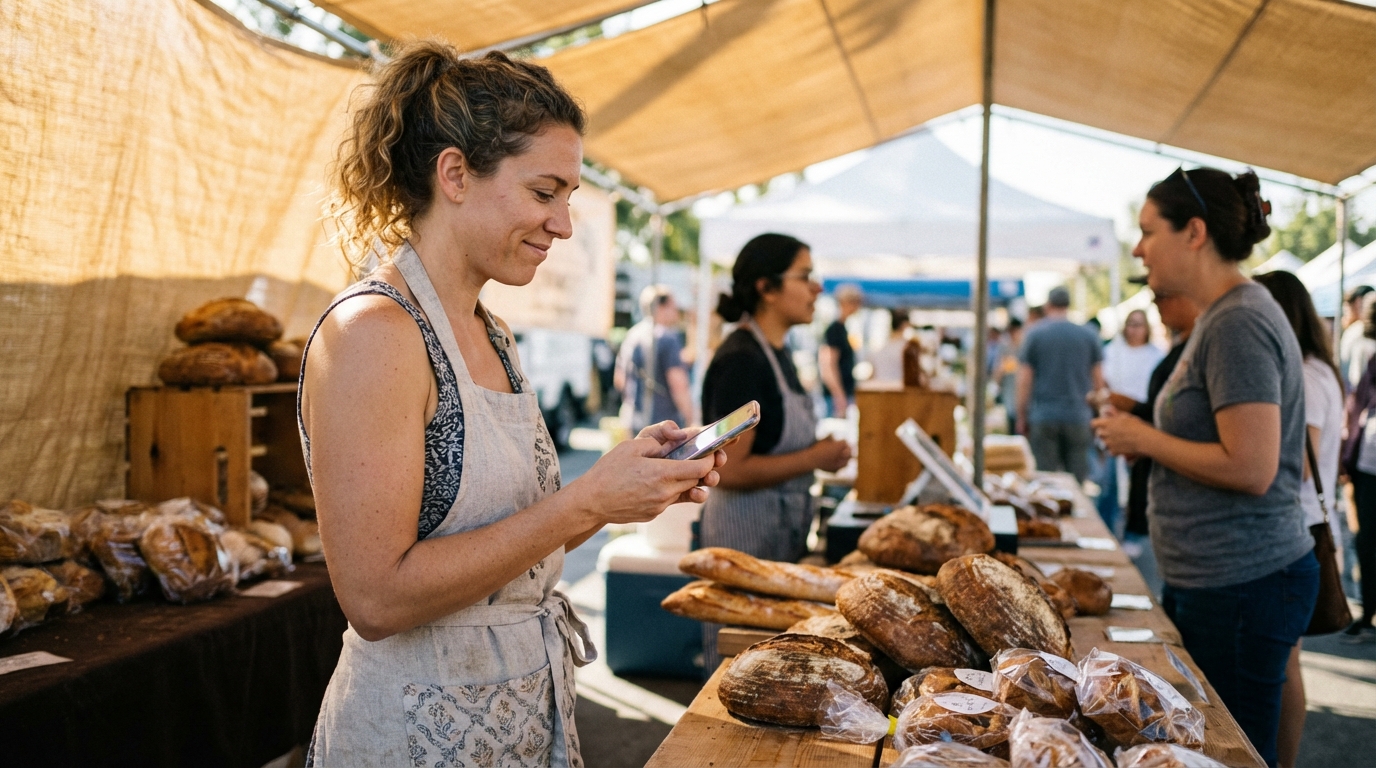 A bakery vendor checks a phone notification at her bread stall