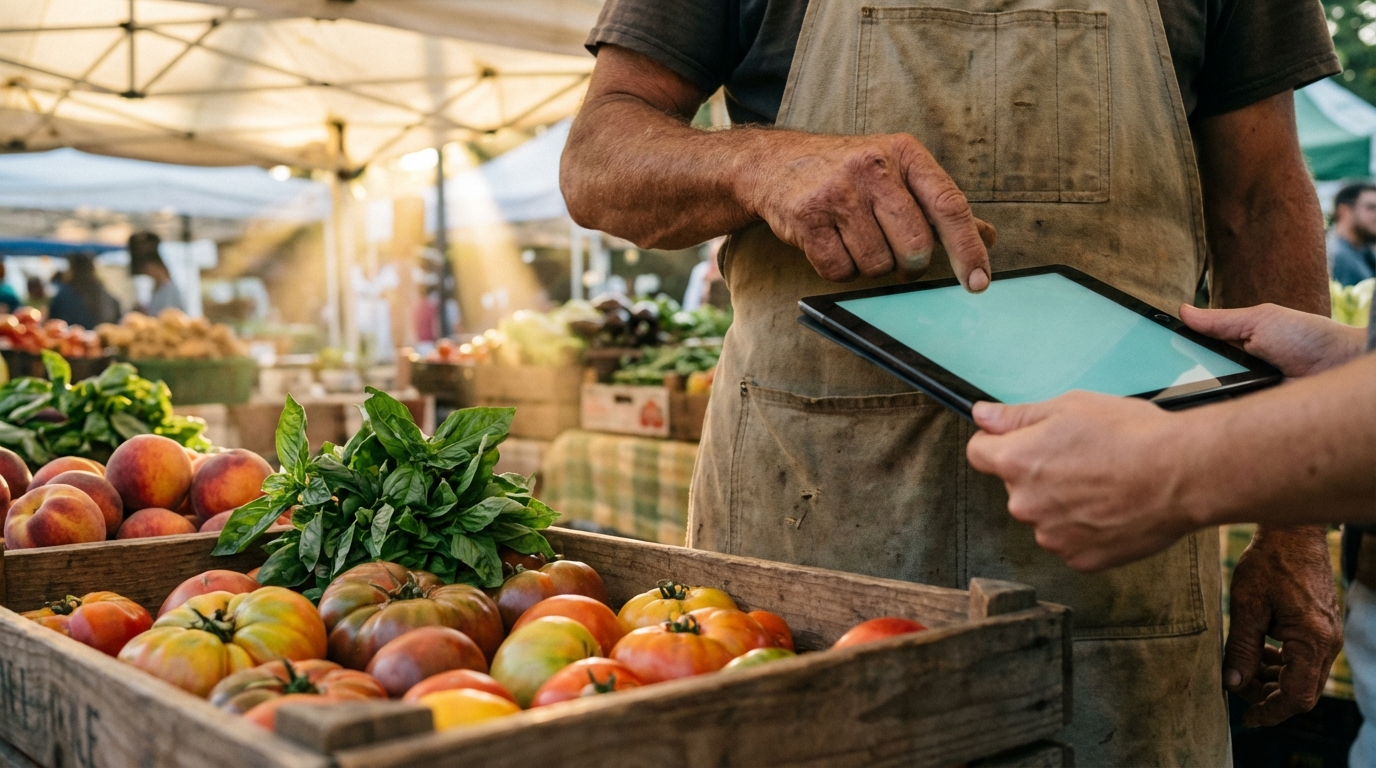 A farmer vendor leans across a crate of tomatoes to tap a payment terminal