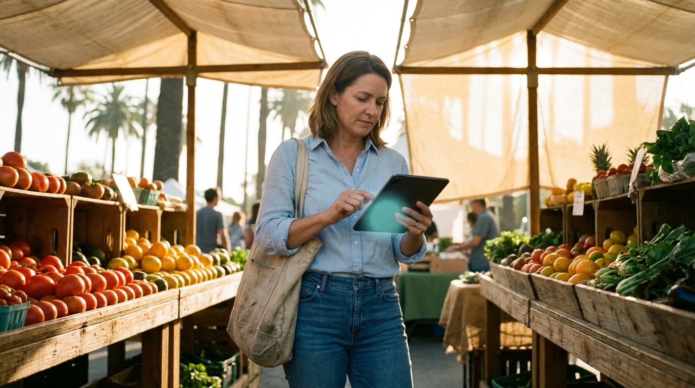 Market manager reviewing vendor applications on a tablet between stalls
